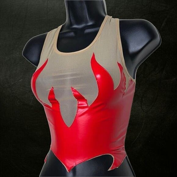New XS Red Flame Vegan Leather Top Sleeveless Mesh Y2K Stretchy Sexy Devil Satan - Picture 3 of 5